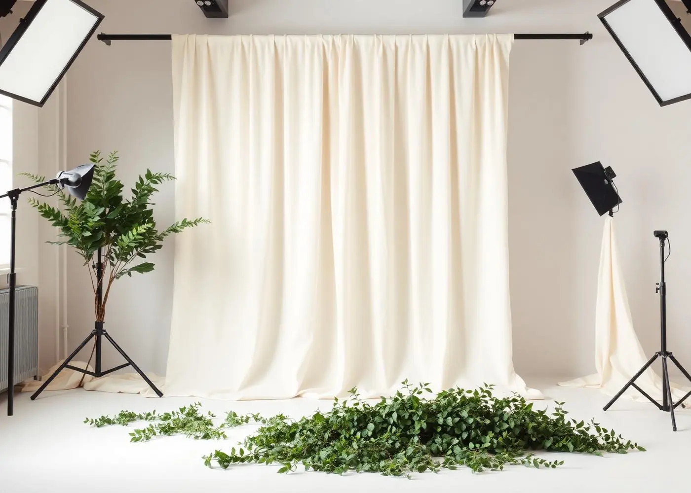 Set fotografico con drappeggi avorio ed elementi vegetali
