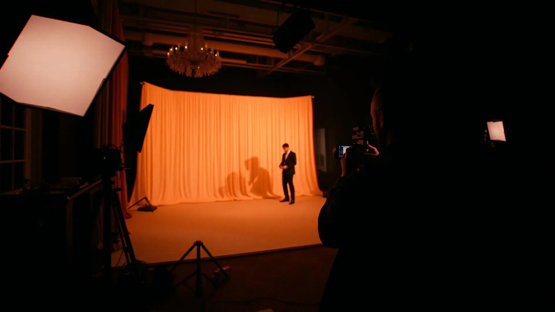 Fotografo che scatta in tethering sul set allestito durante un evento